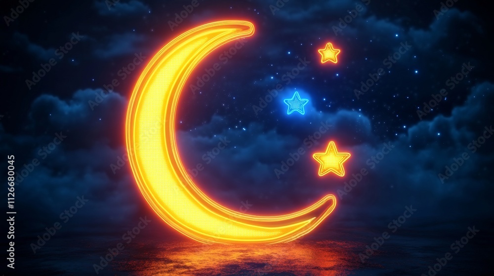 Moon and stars neon light icon. Night glowing sign. Bedtime Moon and stars neon light icon. Night glowing sign. Bedtime