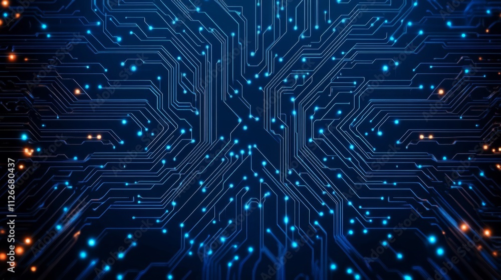 Thin circuit trace lines in blue on a dark technology background. Abstract digital tech background Thin circuit trace lines in blue on a dark technology background. Abstract digital tech background