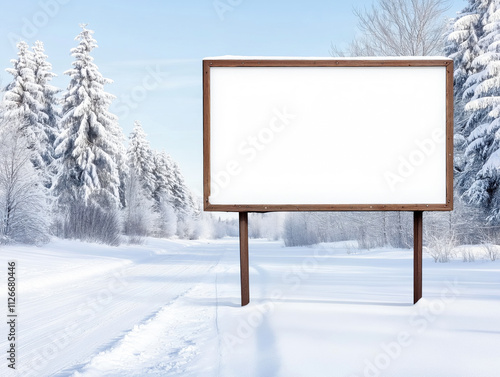 A blank billboard stands prominently on a snowy street surrounded by tall evergreen trees in winter.