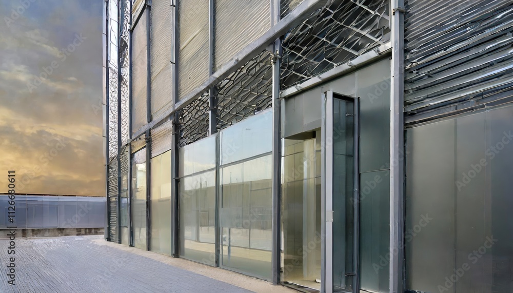 Close-Up of Modern Architecture Featuring a Sleek Metal Wall and Glass Facade in an Industrial Office Building, Showcasing Contemporary Design and Urban Aesthetics Close-Up of Modern Architecture Featuring a Sleek Metal Wall and Glass Facade in an Industrial Office Building, Showcasing Contemporary Design and Urban Aesthetics