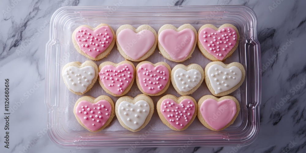 Flat lay featuring heart shaped sugar cookies adorned with pink and white royal icing, beautifully stored in a large plastic container, showcasing the delightful presentation of these cookies. Flat lay featuring heart shaped sugar cookies adorned with pink and white royal icing, beautifully stored in a large plastic container, showcasing the delightful presentation of these cookies.