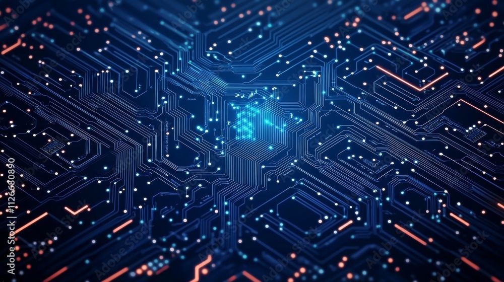 Thin circuit trace lines in blue on a dark technology background. Abstract digital tech background Thin circuit trace lines in blue on a dark technology background. Abstract digital tech background