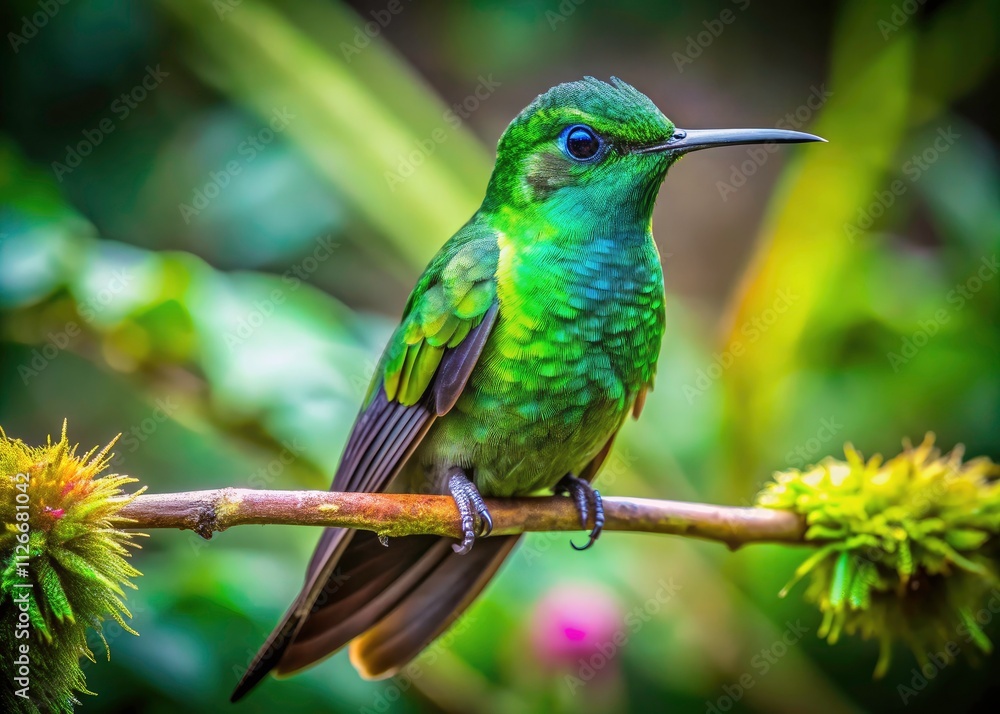 Obraz premium Stunning Green-crowned Brilliant Hummingbird Resting in a Lush Costa Rican Tree - Vibrant Wildlife Photography
