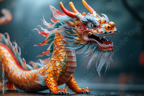 A majestic Chinese dragon sculpture with vibrant colors and intricate details. photo