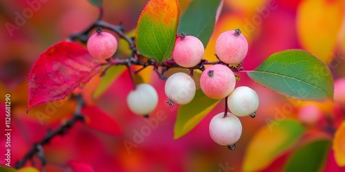 Autumn snowberry showcases the vibrant hues of Symphoricarpos from the Caprifoliaceae family, creating a bright and colorful autumn background filled with stunning snowberry details. photo