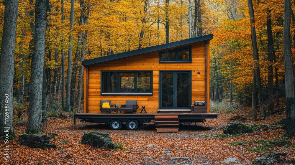 Obraz premium Modern tiny house in autumn forest.