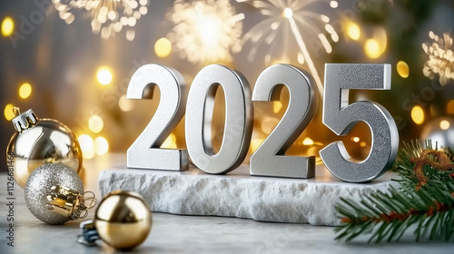 New Year 2025 celebration background with silver and gold numbers on a white bokeh light grey stone table, fireworks, and festive decorations. Perfect for holiday greeting cards, posters, and social m