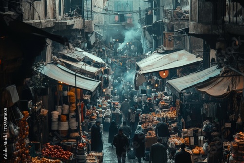 A bustling marketplace in a futuristic sci-fi city. photo