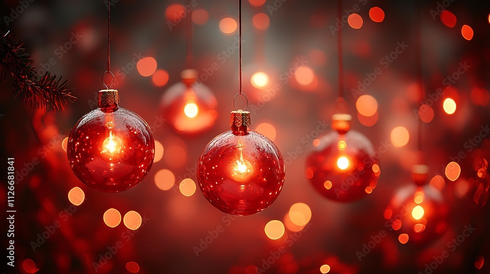 Red Christmas Ornaments Glow Brightly Against Festive Lights Red Christmas Ornaments Glow Brightly Against Festive Lights