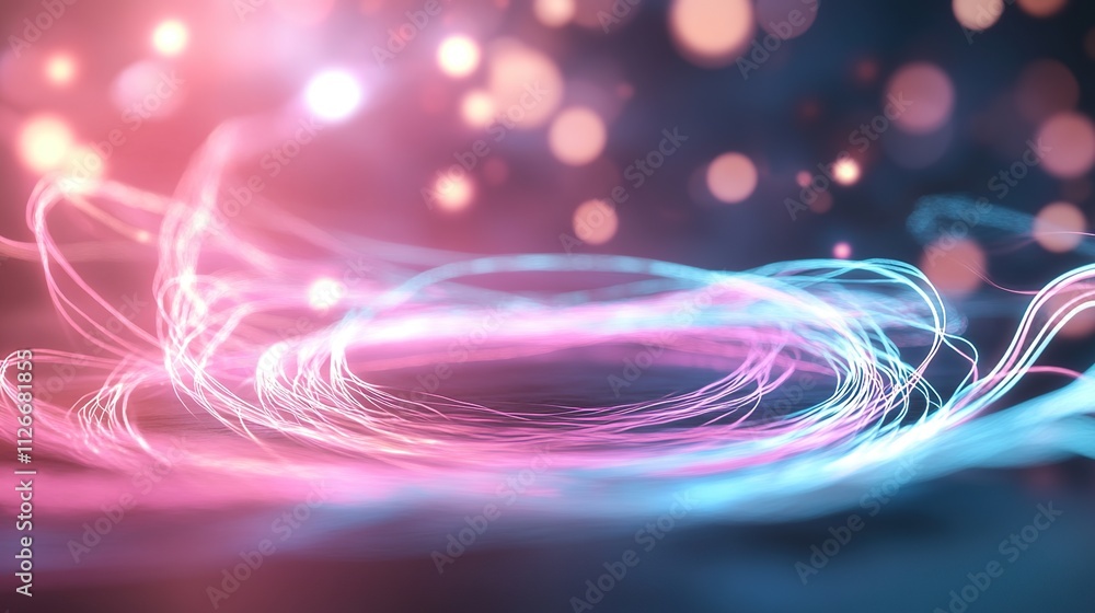 Obraz premium Abstract light trails with vibrant colors and bokeh effects, evoking a sense of motion.