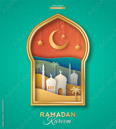 Ramadan Kareem concept poster, gold 3d frame template, arab window on violet background, arabesque pattern. Vector illustration. Place for text. Mosque landscape view, desert oasis