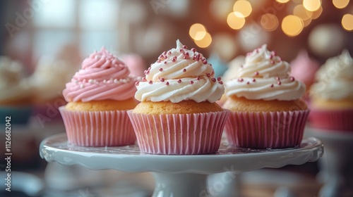 A delightful display of colorful cupcakes on a stand, perfect for celebrations and desserts.