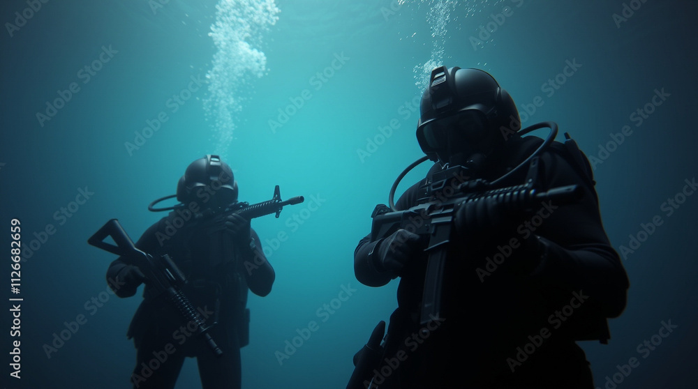 Front view of three special forces in black wet suits and Helmets Diving with Firearms underwater. Front view of three special forces in black wet suits and Helmets Diving with Firearms underwater.