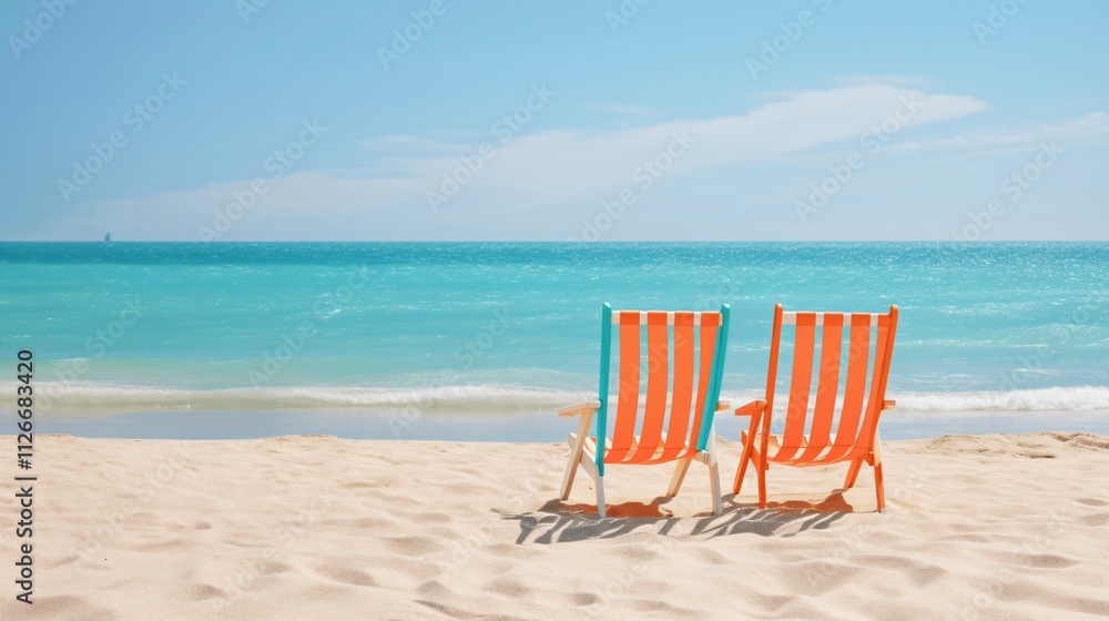 Colorful Beach Chairs Facing Calm Ocean on a Sunny Day Colorful Beach Chairs Facing Calm Ocean on a Sunny Day