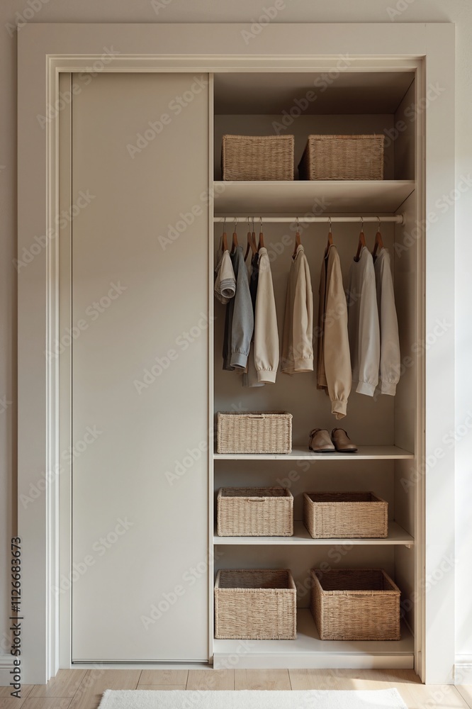 Organized closet with neutral clothes and wicker baskets, minimalism Organized closet with neutral clothes and wicker baskets, minimalism
