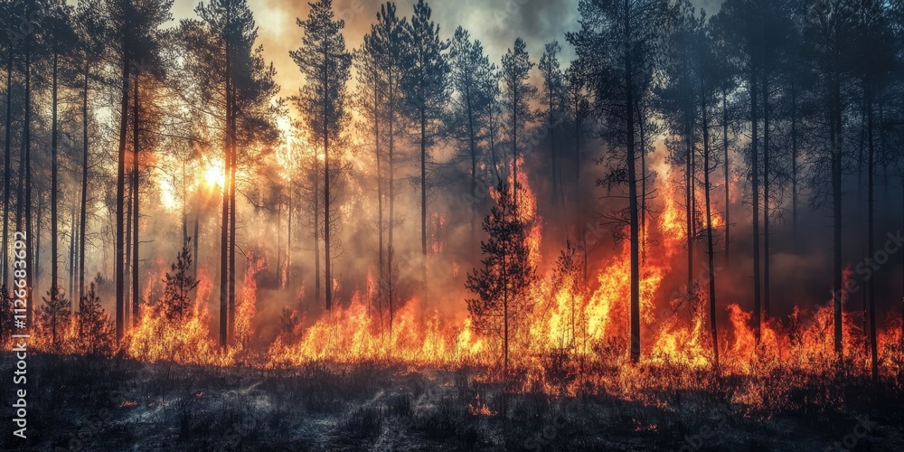 Intense forest fire with towering flames and thick smoke filling the air, creating a dark atmosphere and nearly obscuring sunlight, highlighting the devastating impact of the forest fire. Intense forest fire with towering flames and thick smoke filling the air, creating a dark atmosphere and nearly obscuring sunlight, highlighting the devastating impact of the forest fire.