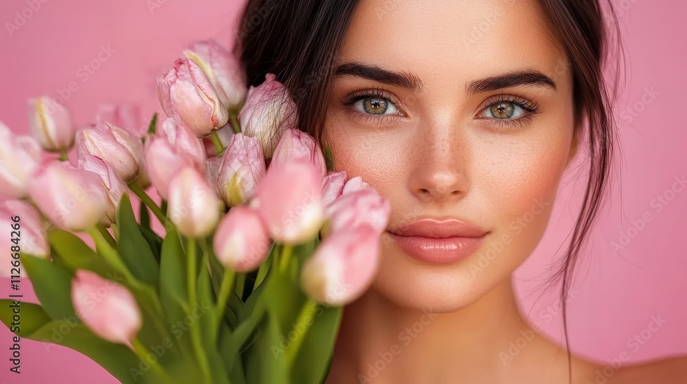 cheerful brunette lady with tulips on a pink background cheerful brunette lady with tulips on a pink background