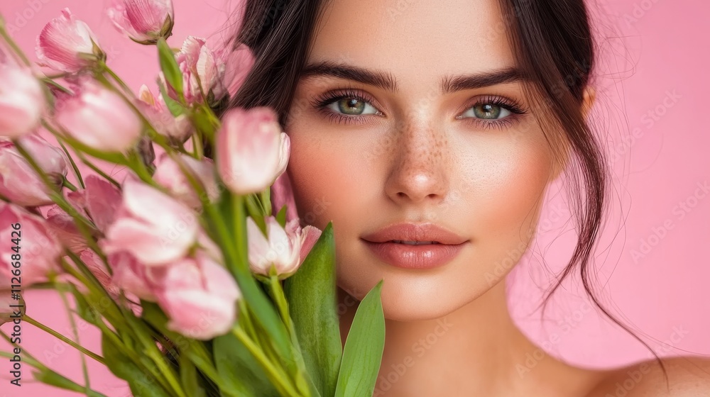 cheerful brunette lady with tulips on a pink background cheerful brunette lady with tulips on a pink background