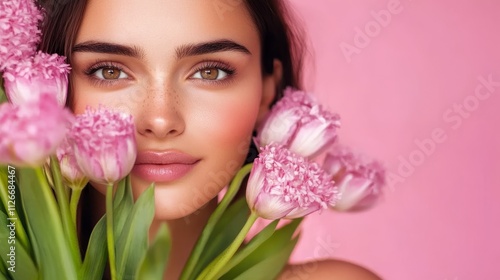 cheerful brunette lady with tulips on a pink background