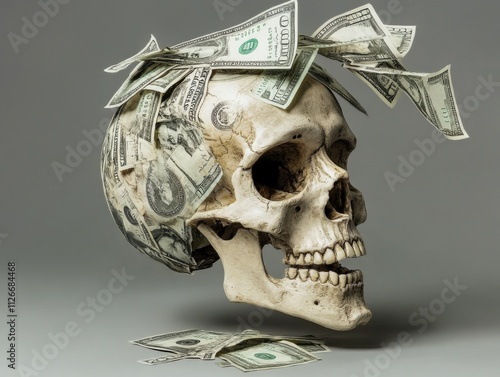 skull with money concept representing wealth and mortality photo