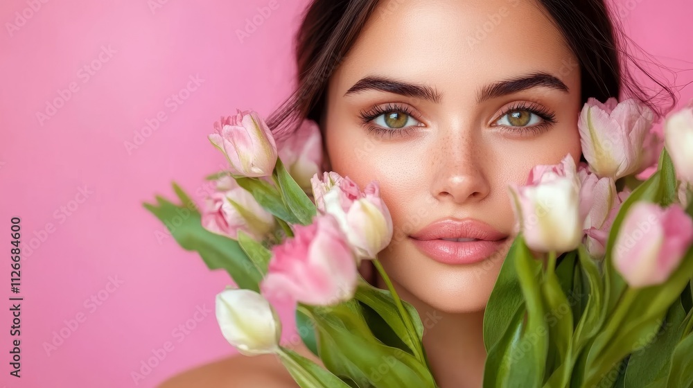 cheerful brunette lady with tulips on a pink background cheerful brunette lady with tulips on a pink background