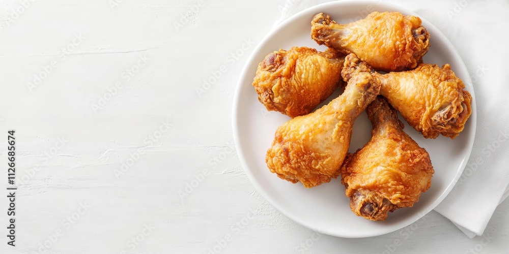 Delicious fried chicken legs arranged on a white dish, complemented by a white napkin, creating an inviting presentation with ample copy space for your content on fried chicken. Delicious fried chicken legs arranged on a white dish, complemented by a white napkin, creating an inviting presentation with ample copy space for your content on fried chicken.