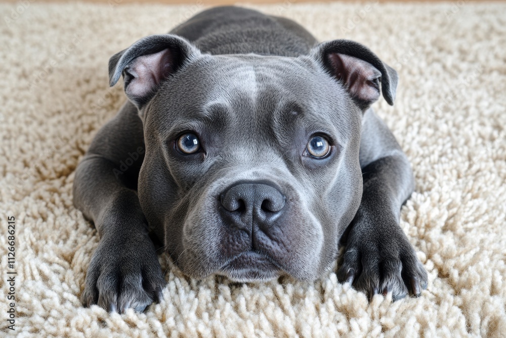 Adorable Blue Staffordshire Bull Terrier Puppy Relaxing on Fluffy Rug Adorable Blue Staffordshire Bull Terrier Puppy Relaxing on Fluffy Rug