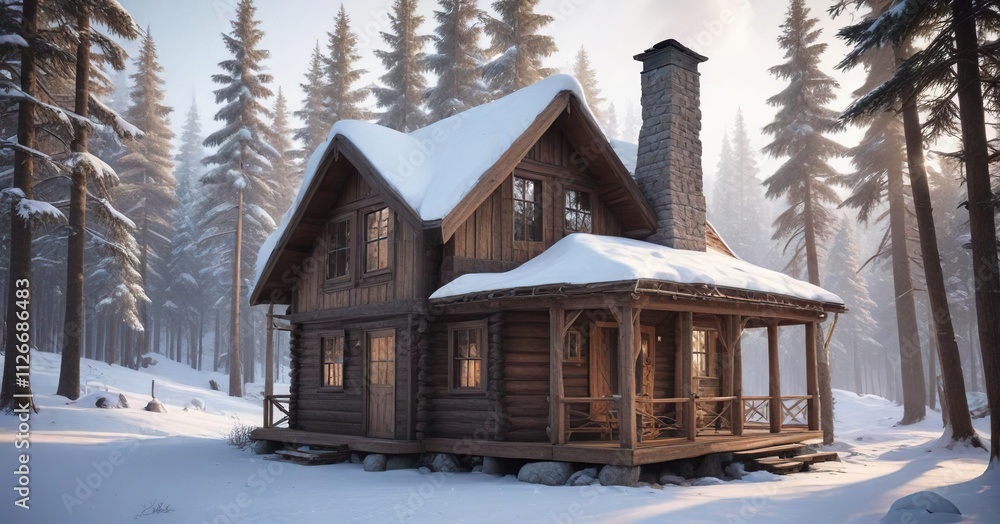 Snowy wooden cabin with a sloping roof and chimney puffing out gentle warmth, warm, soothing Snowy wooden cabin with a sloping roof and chimney puffing out gentle warmth, warm, soothing