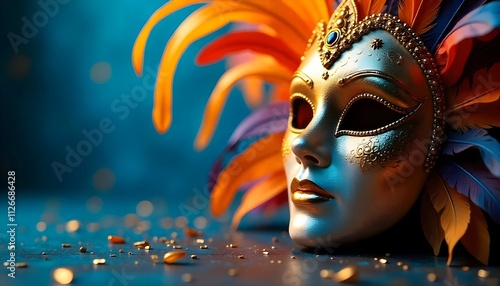 The image is a close-up of a carnival mask. The mask is white with gold accents and has intricate designs on the face background photo