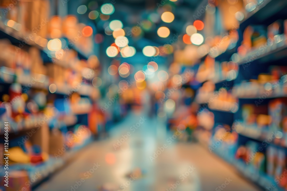 Soft blurred view of Santa’s toy factory with colorful festive lights Soft blurred view of Santa’s toy factory with colorful festive lights