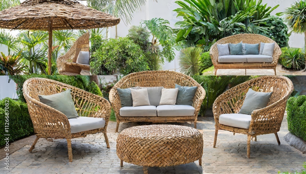 Stylish Outdoor Garden Rattan Straw Couches and Armchairs Elegant Cutouts and Comfortable Double Seat Sofas for Your Patio or Backyard Decor Stylish Outdoor Garden Rattan Straw Couches and Armchairs Elegant Cutouts and Comfortable Double Seat Sofas for Your Patio or Backyard Decor