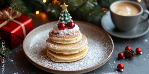 Wallpaper Mural Festive Christmas breakfast for kids featuring pancakes shaped like a Christmas tree, accompanied by cappuccino and a gift box, all in a delightful presentation with selective focus. Torontodigital.ca
