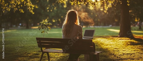 person working on laptop in a serene park during sunset