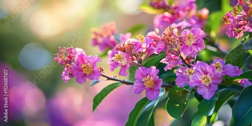 Wallpaper Mural Purple pink Tabak flowers Lagerstroemia floribunda are blooming on branches amidst vibrant green leaves, creating a stunning visual with a blurred background highlighting these beautiful Tabak Torontodigital.ca