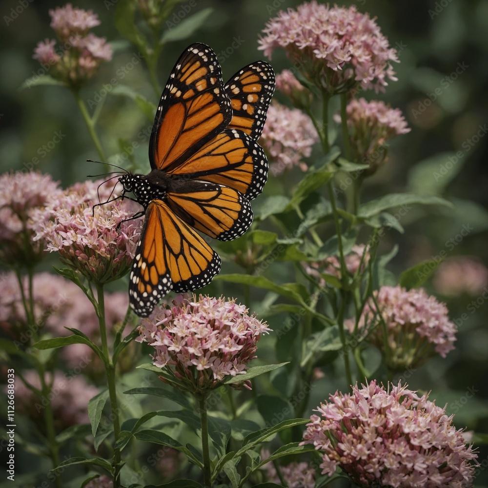A monarch butterfly perched delicately on a blooming flower.
A monarch butterfly perched delicately on a blooming flower.