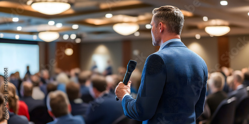 Conferência de negócios com palestrantes e participantes