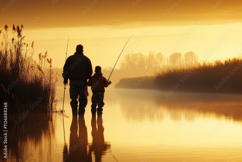 Father and Son Fishing at Tranquil Lake During Sunset Father and Son Fishing at Tranquil Lake During Sunset