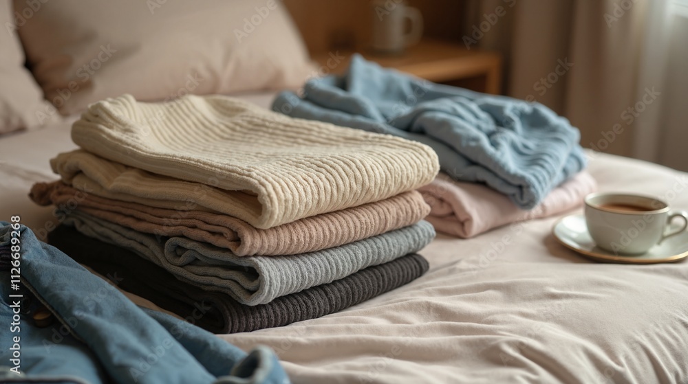 Cozy sweaters on bed with coffee, autumn warmth and comfort Cozy sweaters on bed with coffee, autumn warmth and comfort