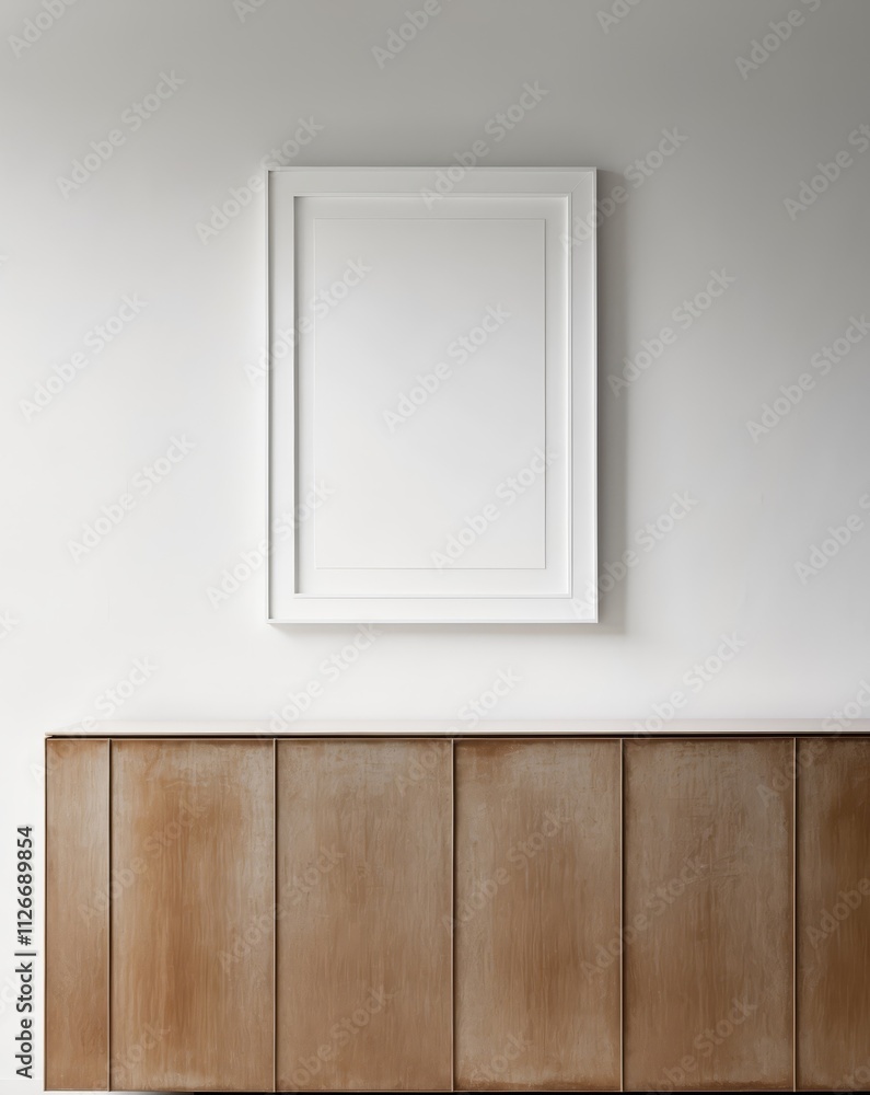 A white framed picture hangs on a wall above a wooden cabinet A white framed picture hangs on a wall above a wooden cabinet