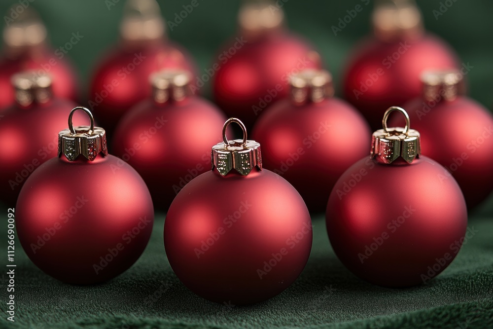Red Christmas Ornaments on Green Velvet Red Christmas Ornaments on Green Velvet