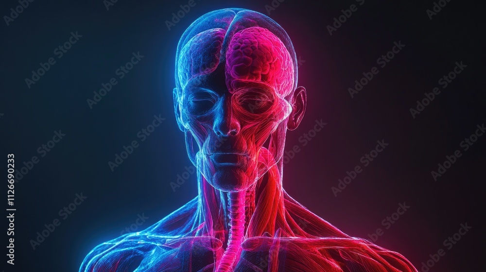 Human head and neck anatomy, brain highlighted. Human head and neck anatomy, brain highlighted.