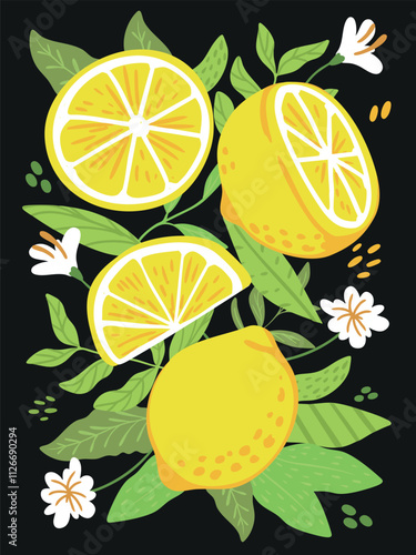 Hand drawn fresh lemon and leaf background illustration set2