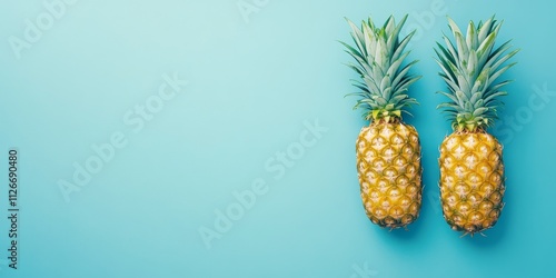 Two vibrant, fresh mini pineapples arranged on a blue background create a delightful display. This top view showcases the freshness of mini pineapples, perfect for a long wide banner or text space.
