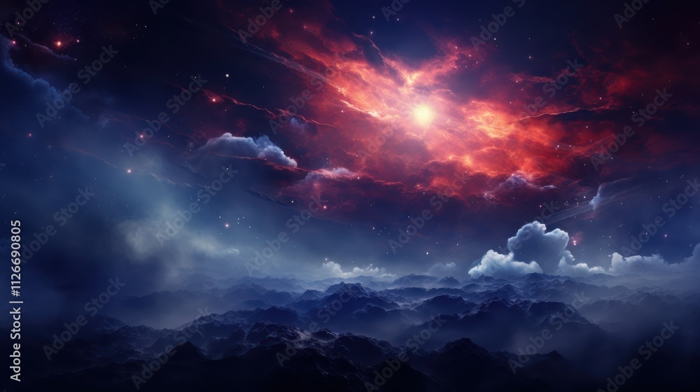 Fototapeta premium Alien Landscape with Red Nebula and Distant Mountains