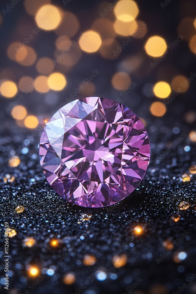 Fototapeta premium Sapphire or purple diamond shining on dark blurred background. Magic gemstone, crystal mineral, stone for jewelry, treasure. Making jewelry concept. Backdrop for design banner, poster