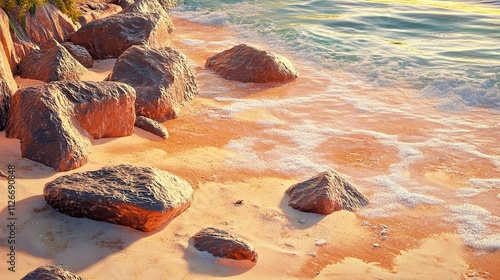 Ocean waves washing ashore on sandy beach with rocks