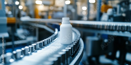 Wallpaper Mural White plastic bottle in motion on a conveyor belt of an automated capping and labeling machine, showcasing the intersection of cosmetic industry and AI technology in manufacturing processes. Torontodigital.ca