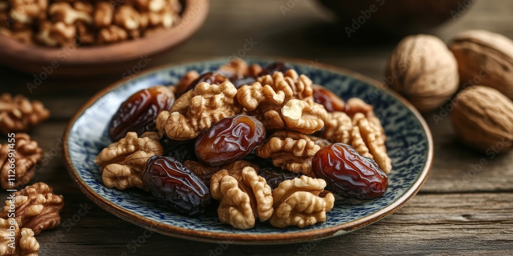 Close up of walnut and date fruit arranged on a plate, showcasing the rich textures and colors of walnut and date fruit on a wooden table surface. Ideal for healthy eating themes. Close up of walnut and date fruit arranged on a plate, showcasing the rich textures and colors of walnut and date fruit on a wooden table surface. Ideal for healthy eating themes.