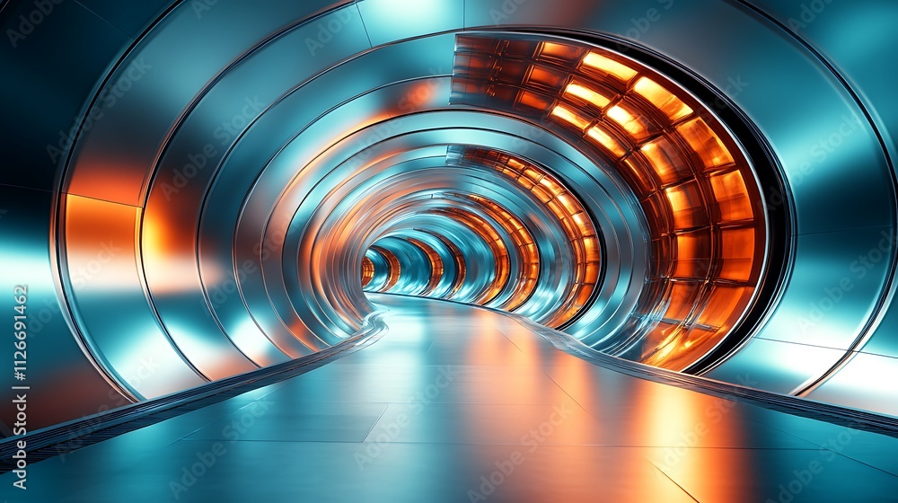 Fototapeta premium Futuristic metallic tunnel with vibrant orange and blue lighting.