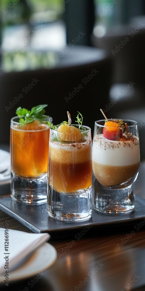 Unique cocktails presented on a tray at a stylish bar setting during evening hours Unique cocktails presented on a tray at a stylish bar setting during evening hours